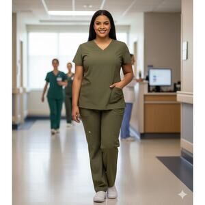 Koi Lite Reform V-Neck Scrub Top Utility Pockets Olive Green XL